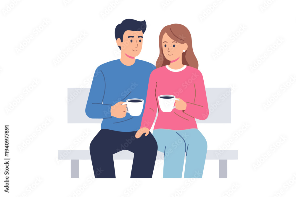 Fototapeta premium Young Couple Sitting On Bench Drinking Coffee Together Vector Illustration