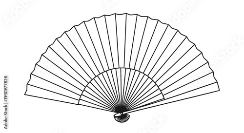 Simple black and white illustration of a folding hand fan on white background
