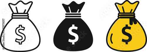 Three distinct money bags featuring dollar signs are presented in outline, solid black, and gold versions for finance concepts.