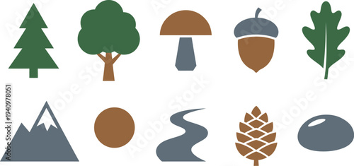 Modern forest nature elements with coniferous tree mushroom acorn oak leaf mountain in pine green earthy brown slate grey for professional outdoor branding design