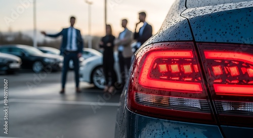 Illuminated automobile tail lamp glows on a vehicle parked at an outdoor dealership lot during dusk