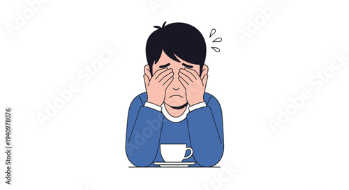 A man in a blue sweater sits at a table with a coffee cup while covering his eyes with his hands in distress.