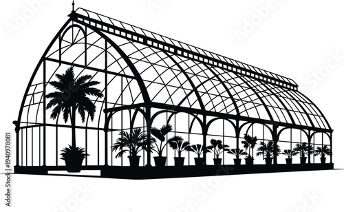 Glass greenhouse botanical garden silhouette, tropical plants inside conservatory architecture, vintage glasshouse illustration, garden horticulture building design