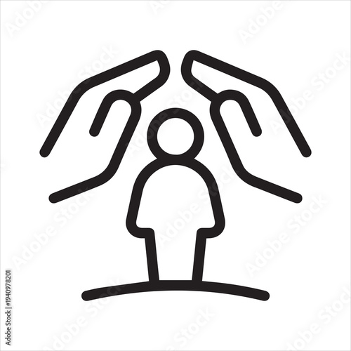 Thin outline icon human hands hugging protect a person. Line sign customer care, charity, message love and patient care, caring hands. Vector isolated pictogram on white background.