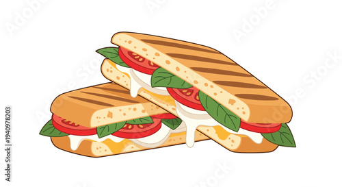 Two long grilled panini sandwiches with distinct dark grill marks, melted cheese, sliced red tomatoes, and fresh green basil leaves are overlapping.