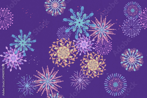 Colorful Fireworks Seamless Pattern on Purple Background, Festival Night Celebration Design
