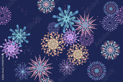 Colorful Fireworks Seamless Pattern on Dark Blue Background, Watercolor Summer Festival Design
