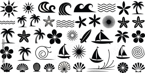 Tropical beach icon set, summer sea symbols collection, palm trees waves shells sun sailboat silhouettes illustration