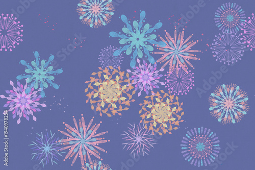 Soft Color Fireworks Seamless Pattern on Blue Background, Watercolor Festival Celebration Design