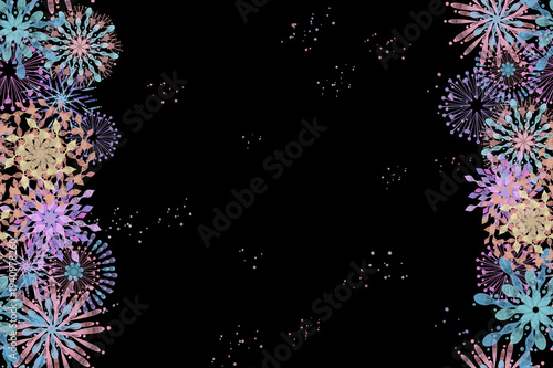 Colorful Fireworks Border Background on Black, Festival Night Celebration Design