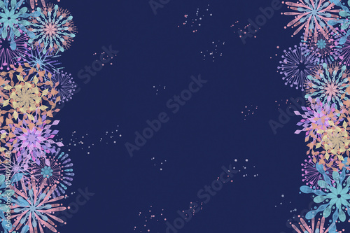 Watercolor Fireworks Border Background on Dark Blue, Colorful Summer Festival Design