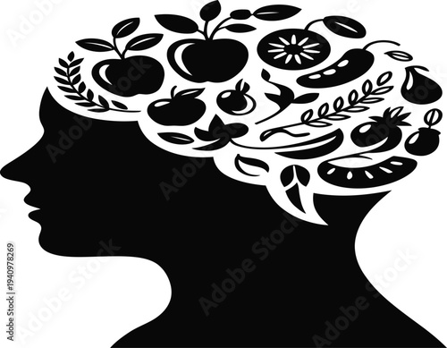 Black silhouette of a human head with a creative brain filled with fruits and vegetables