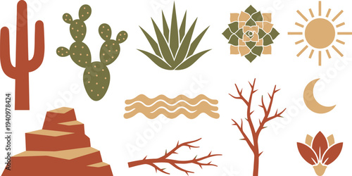 Modern desert nature illustrations with saguaro cactus prickly pear agave succulent in clay red olive green desert sand for warm southwestern branding design