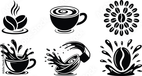 Coffee bean and cup splash silhouettes set, espresso beverage icons, cafe drink design elements, barista coffee illustration