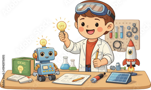 Kid inventor creating robot and invention ideas cartoon illustration