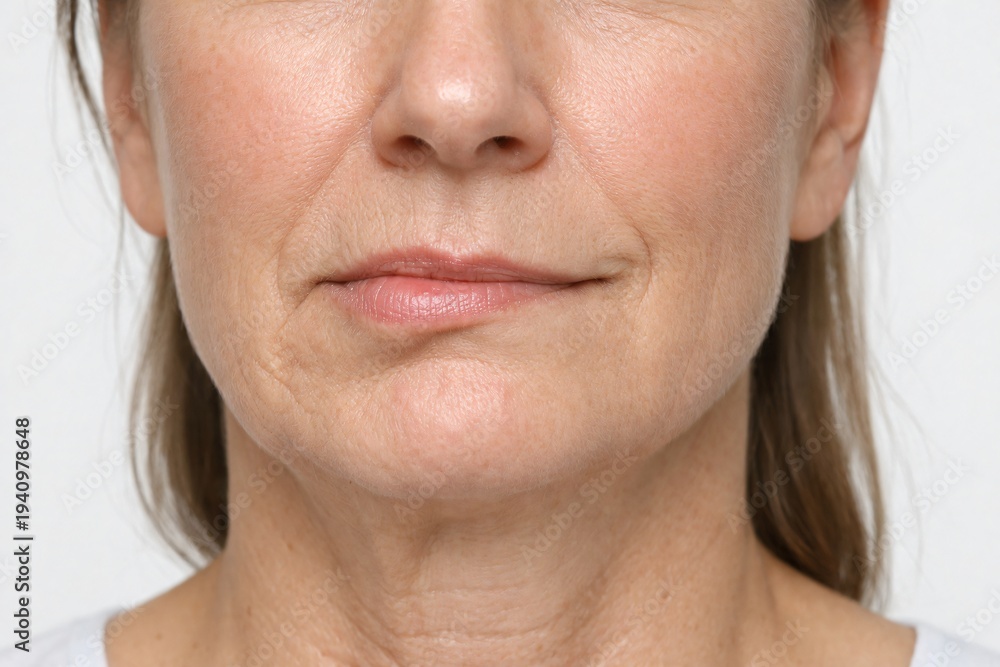 Fototapeta premium A close‑up of the lower face showing fine lines and wrinkles around the mouth and chin, highlighting natural skin aging, dermatologic evaluation, and cosmetic treatment considerations.