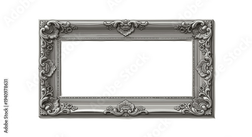 An ornate rectangular silver-grey picture frame with intricate floral and scrollwork carvings is presented on a white background.