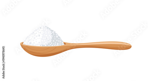 A light brown wooden spoon is filled with a prominent mound of white granular salt, isolated on a clean white background.