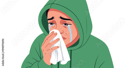 A close up illustration shows a person in a green hoodie crying and holding a white tissue to their nose.