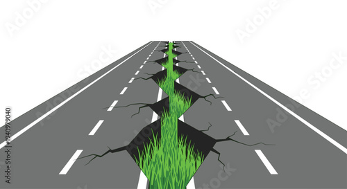 A long grey asphalt road is split by a deep zigzagging fissure filled with green grass receding into the distance toward a white horizon point under a bright sky.