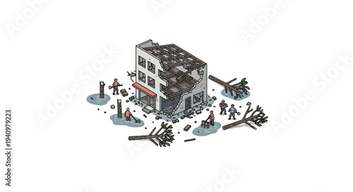 Small human figures in red and blue clothing use shovels to clear debris and fallen trees from around a destroyed three-story building standing in blue water puddles.