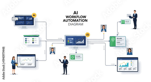 Vector illustration of a workflow automation diagram with elements and businesspeople interacting with digital interfaces in a modern office setting with a professional mood.