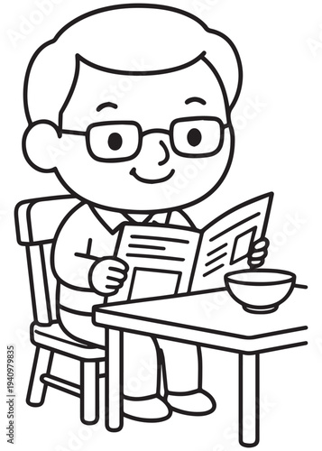 coloring book dad reading the morning paper at the breakfast table with a bowl of cereal