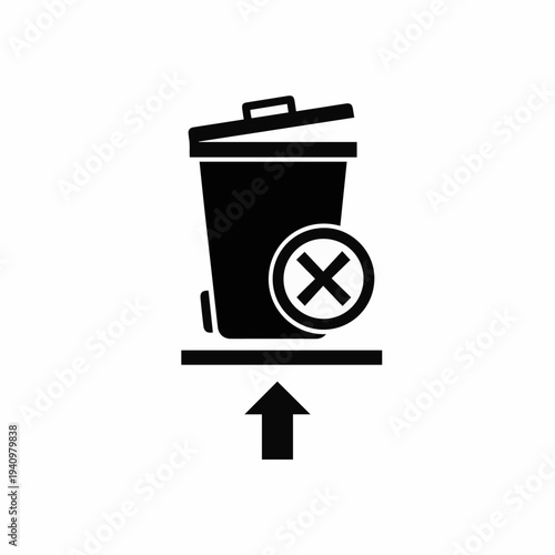 A minimalist icon represents the rejection of waste, featuring an upward arrow and a crossed-out trash can, highlighting the concept of waste reduction and environmental responsibility.