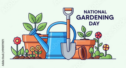 National gardening day illustration with tools and plants in pots on light green background