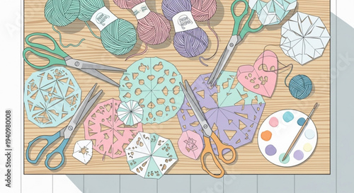Colorful crochet and knitting tools with yarn balls and half finished doilies on a wooden tabletop