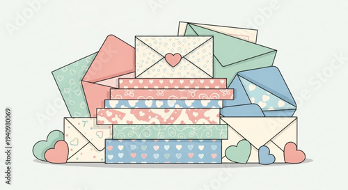 Colorful stack of letters and envelopes with hearts on a pastel background