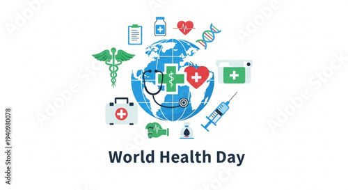 World health day concept with medical symbols around the globe