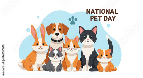 National pet day celebration with diverse group of cute animals dogs cats and rabbit