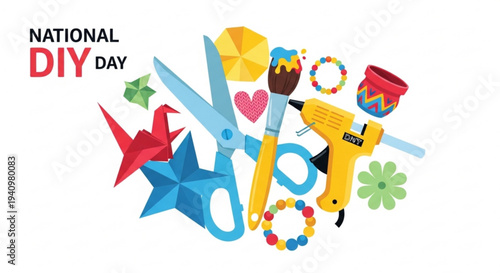 National diy day illustration with tools and craft supplies on white background