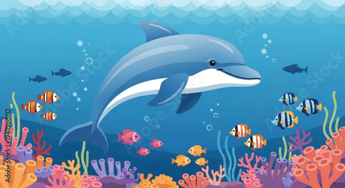 Dolphin swims with tropical fish and coral reef underwater ocean life scene with colorful marine animals
