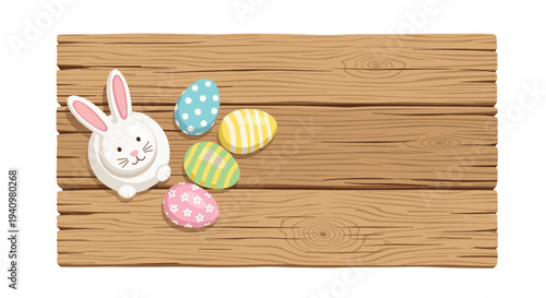 A white ceramic rabbit figurine sits next to four colorful patterned easter eggs on a rustic light brown wooden plank surface with grain.