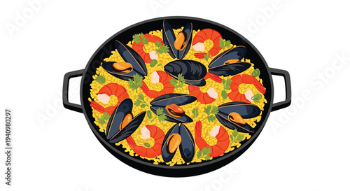 A top down illustration of a traditional Spanish paella dish with shrimp and mussels served in a black metal pan over a white background.