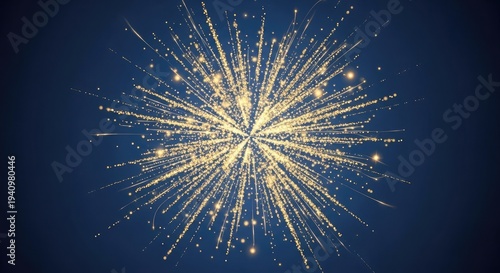 Vibrant fireworks explosion with golden sparks against dark blue night sky celebratory atmosphere sparkling lights and bright trails