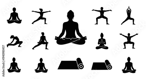Female Yoga Poses Meditation Wellness Healthy Lifestyle Silhouette Vector Set