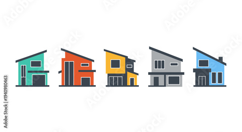 Modern Flat Minimalist Residential House Building Architecture Set Vector Illustration