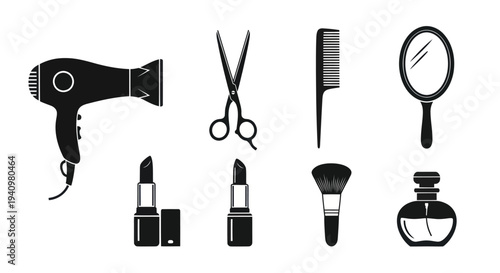 Beauty Salon Hairdressing Tools and Makeup Cosmetics Silhouette Icons Set