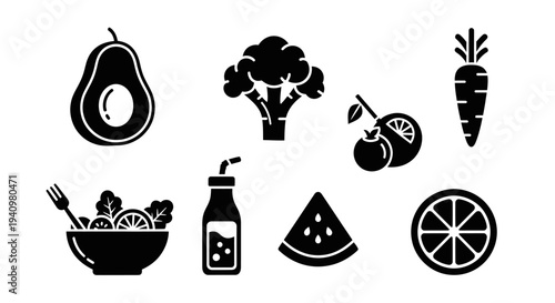 Healthy Organic Vegetable Fruit Food Icon Set Silhouette Vector Illustration