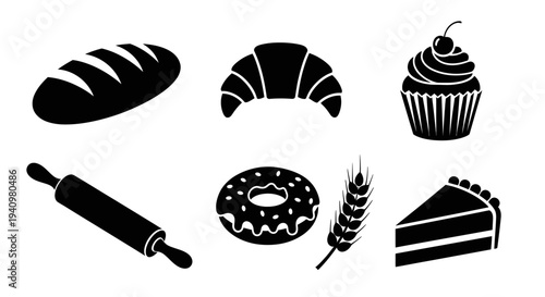 Assorted Bakery Products and Pastry Silhouette Icons for Menu Design