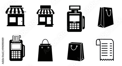 E-commerce Retail Shopping Icons Set With Store Machine And Bag