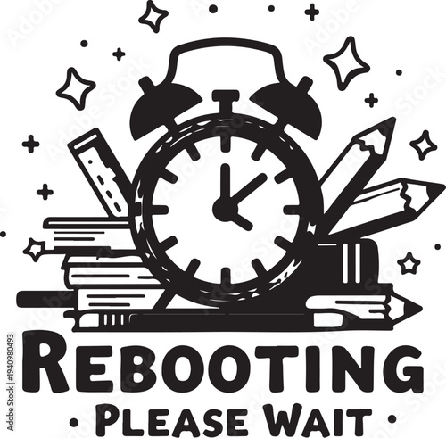 Vector illustration of alarm clock, books and stationery with 'REBOOTING PLEASE WAIT' text