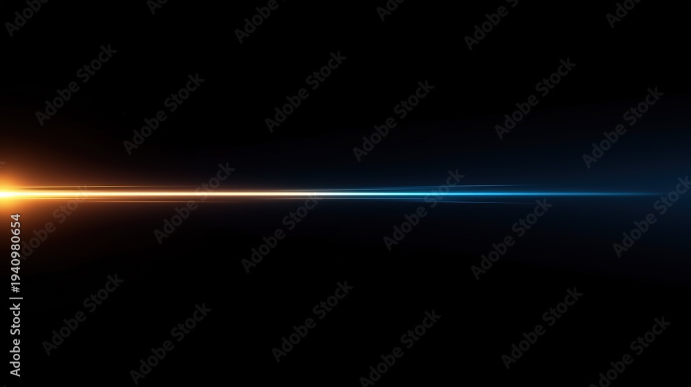 Fototapeta premium Thin horizontal light streak on left side with amber and blue glow, black background blurred gradient effect minimal abstract vector background
