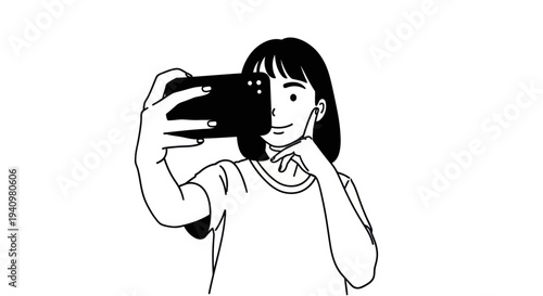 Young Woman Taking Selfie Photo Using Smartphone Vector Line Art