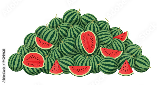 A large heap of many whole and sliced watermelons with visible red flesh and seeds rests on a clean white background.