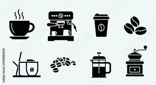Professional Coffee Shop Equipment And Barista Tools Black Icon Set