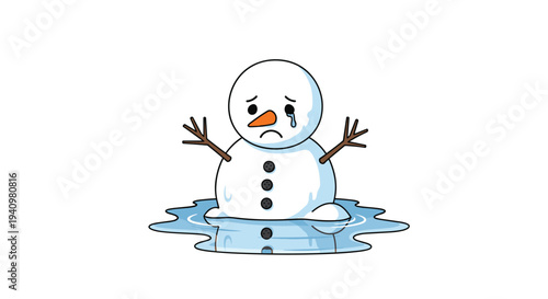 A sad cartoon snowman with stick arms and a carrot nose melts into a blue puddle of water on a plain white background.